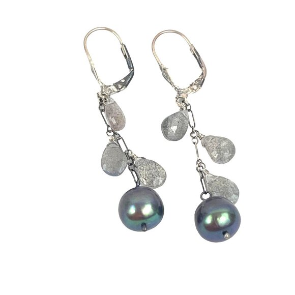 Sterling Silver Drop Earrings With Olive Grey Black Pearls and Labradorite Stone - Picture 6 of 9